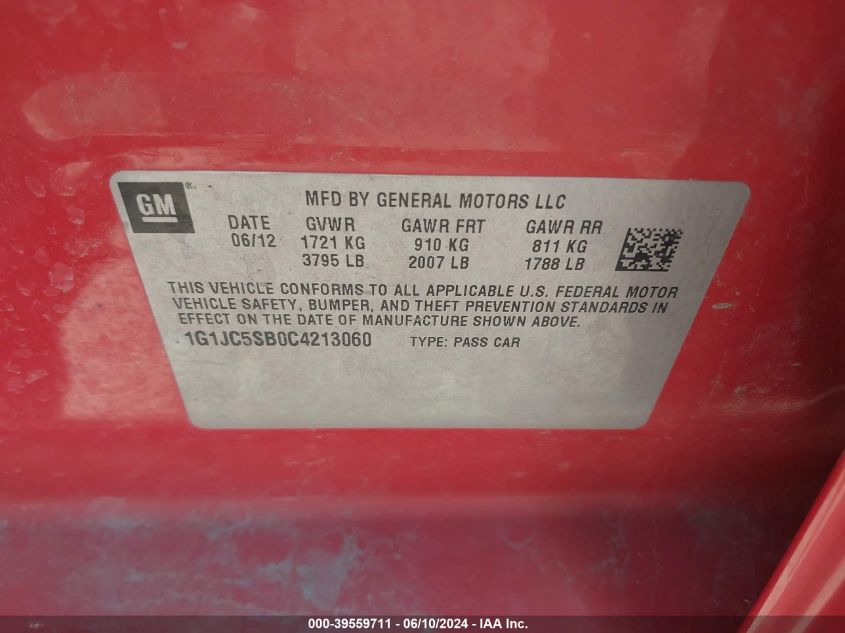 2012 Chevrolet Sonic 2Lt VIN: 1G1JC5SB0C4213060 Lot: 39559711