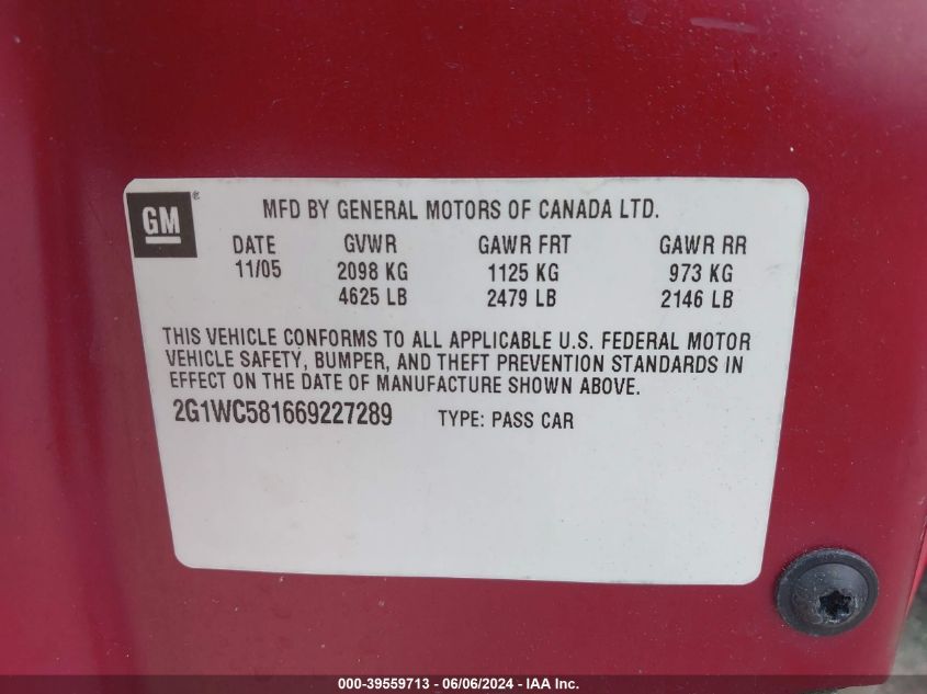 2006 Chevrolet Impala Lt VIN: 2G1WC581669227289 Lot: 39559713