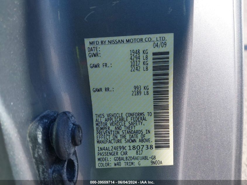 2009 Nissan Altima 2.5 S VIN: 1N4AL24E99C180738 Lot: 39559714