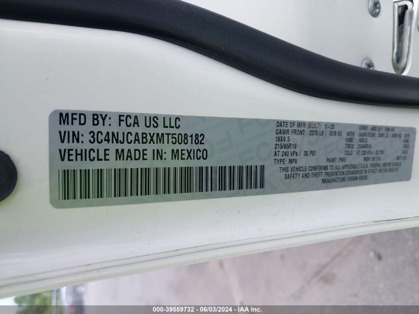 2021 Jeep Compass Sport Fwd VIN: 3C4NJCABXMT508182 Lot: 39559732