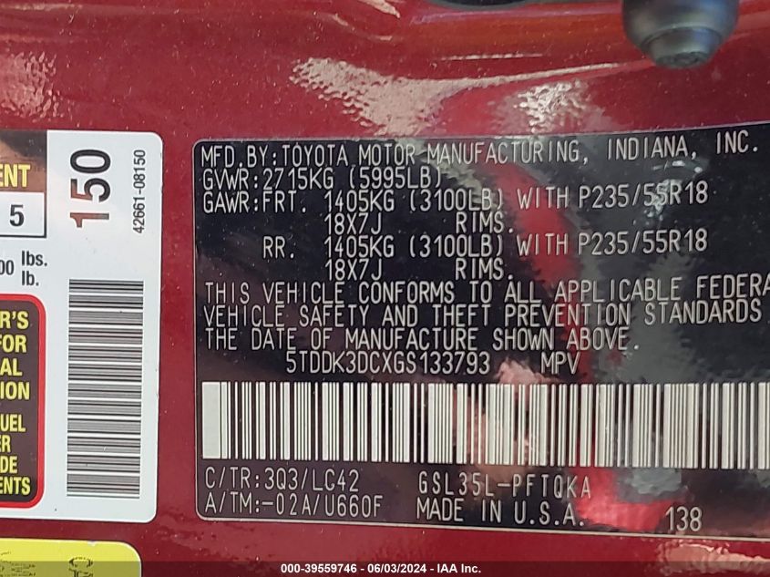 2016 Toyota Sienna Xle 7 Passenger VIN: 5TDDK3DCXGS133793 Lot: 39559746