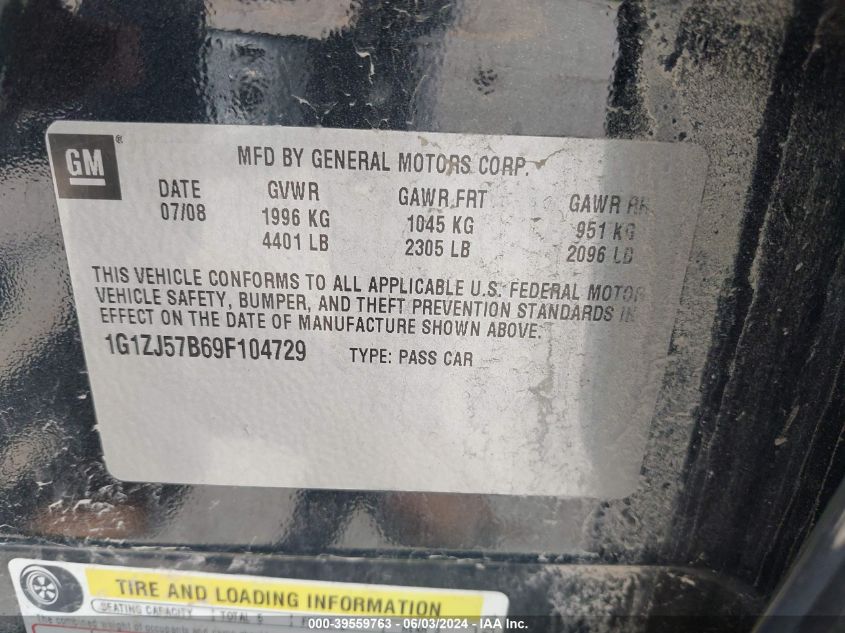 2009 Chevrolet Malibu Lt VIN: 1G1ZJ57B69F104729 Lot: 39559763