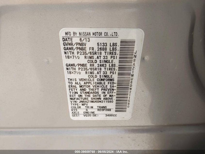 2013 Nissan Murano S VIN: JN8AZ1MU6DW211580 Lot: 39559768