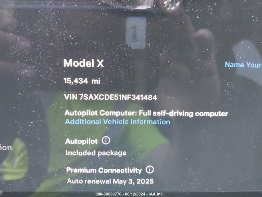 2022 Tesla Model X Dual Motor All-Wheel Drive/Plaid Tri Motor All-Wheel Drive VIN: 7SAXCDE51NF341484 Lot: 39559776