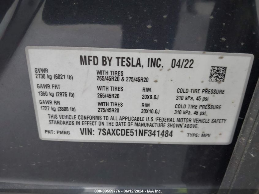 2022 Tesla Model X Dual Motor All-Wheel Drive/Plaid Tri Motor All-Wheel Drive VIN: 7SAXCDE51NF341484 Lot: 39559776