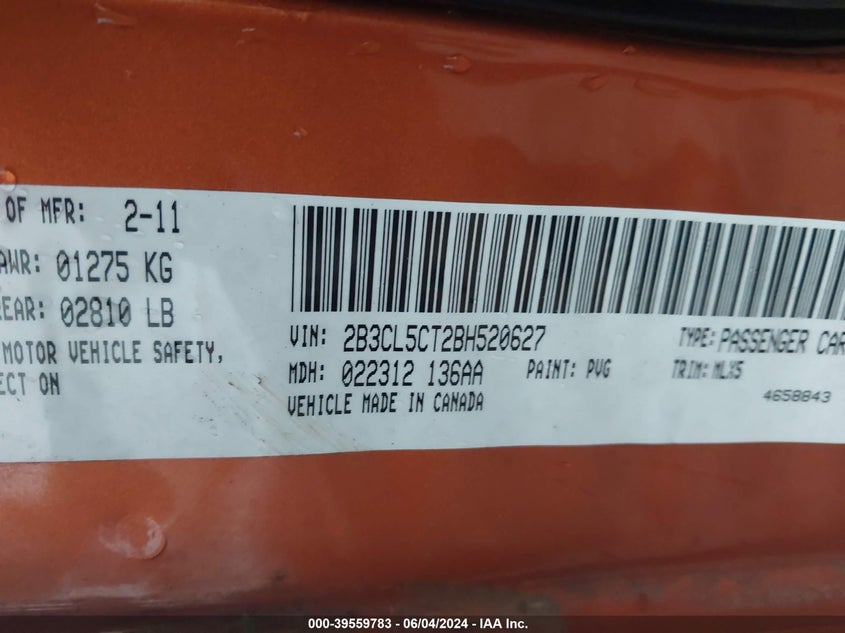 2011 Dodge Charger R/T VIN: 2B3CL5CT2BH520627 Lot: 39559783