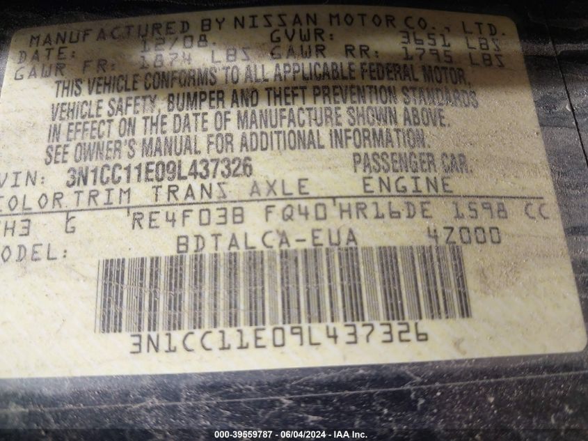 2009 Nissan Versa 1.6 VIN: 3N1CC11E09L437326 Lot: 39559787