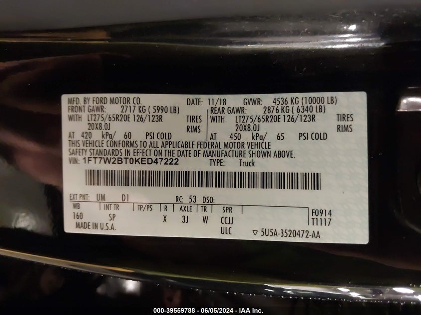 2019 Ford F-250 King Ranch VIN: 1FT7W2BT0KED47222 Lot: 39559788