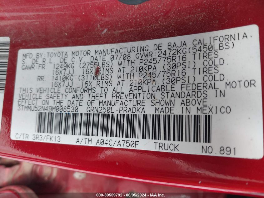 2009 Toyota Tacoma Base V6 VIN: 3TMMU52N49M008530 Lot: 39559792