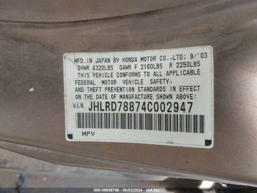 2004 Honda Cr-V Ex VIN: JHLRD78874C002947 Lot: 39559796