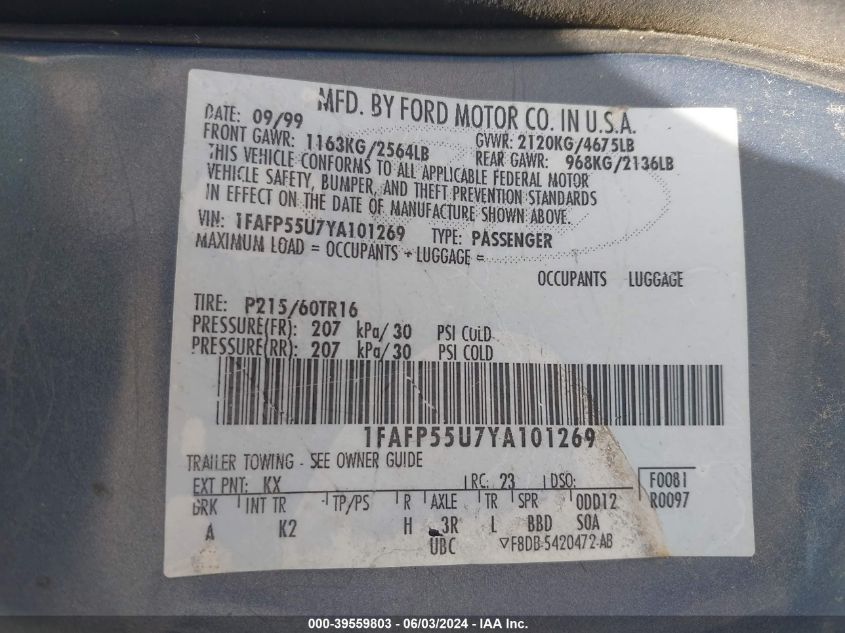 2000 Ford Taurus Ses VIN: 1FAFP55U7YA101269 Lot: 39559803