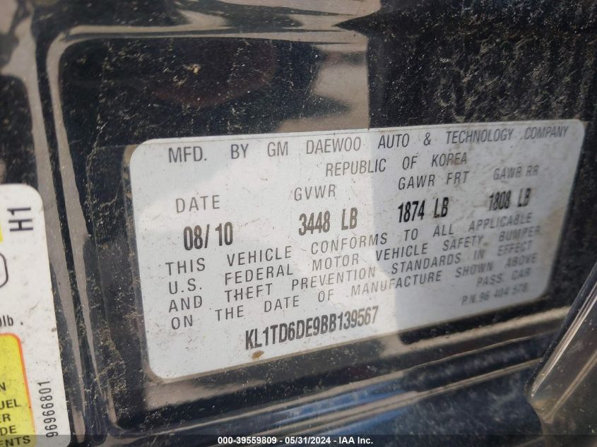 2011 Chevrolet Aveo 1Lt VIN: KL1TD6DE9BB139567 Lot: 39559809