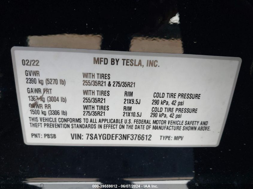 2022 Tesla Model Y Performance Dual Motor All-Wheel Drive VIN: 7SAYGDEF3NF376612 Lot: 39559812