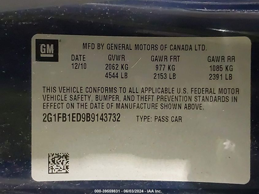 2011 Chevrolet Camaro 1Lt VIN: 2G1FB1ED9B9143732 Lot: 39559831