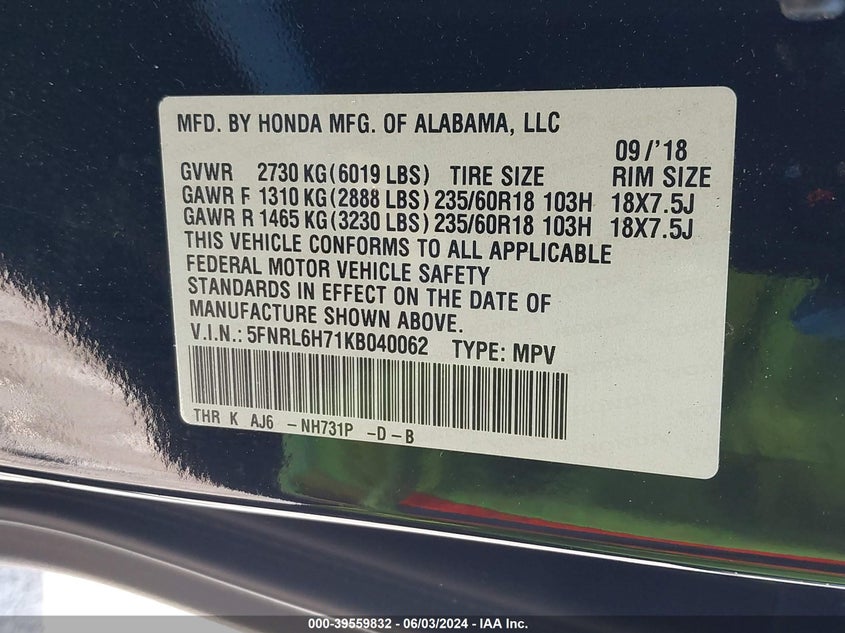 2019 Honda Odyssey Ex-L VIN: 5FNRL6H71KB040062 Lot: 39559832