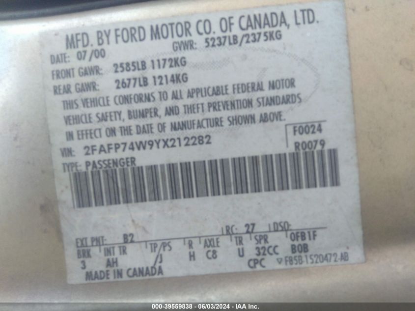 2000 Ford Crown Victoria Lx VIN: 2FAFP74W9YX212282 Lot: 39559838