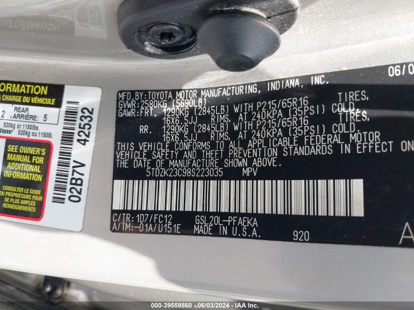 2008 Toyota Sienna Le VIN: 5TDZK23C98S223035 Lot: 39559860