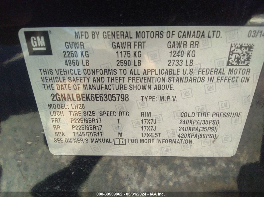 2014 Chevrolet Equinox 1Lt VIN: 2GNALBEK6E6305798 Lot: 39559862