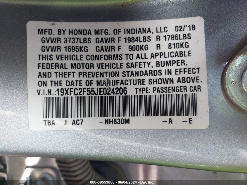 2018 Honda Civic Lx VIN: 19XFC2F55JE024206 Lot: 39559868