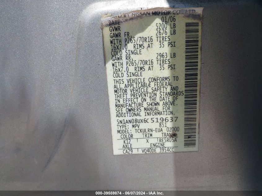 2006 Nissan Xterra S VIN: 5N1AN08UX6C519637 Lot: 39559874