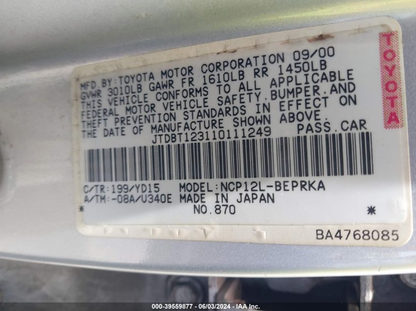 2001 Toyota Echo VIN: JTDBT123110111249 Lot: 39559877