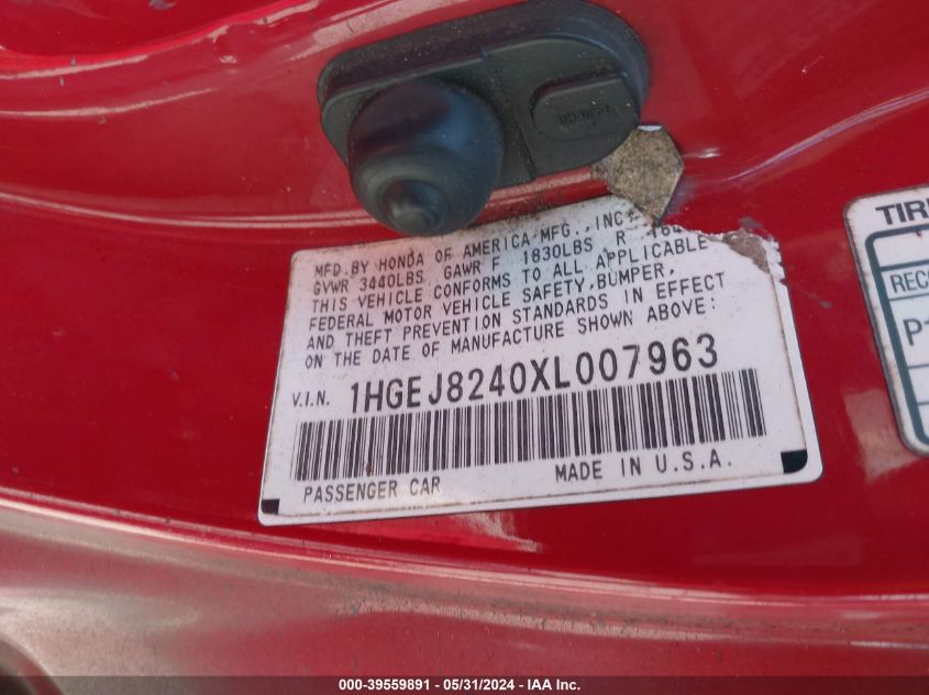 1999 Honda Civic Ex VIN: 1HGEJ8240XL007963 Lot: 39559891