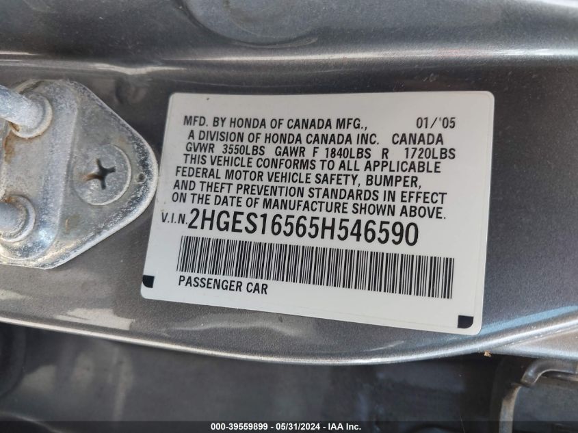 2HGES16565H546590 | 2005 HONDA CIVIC