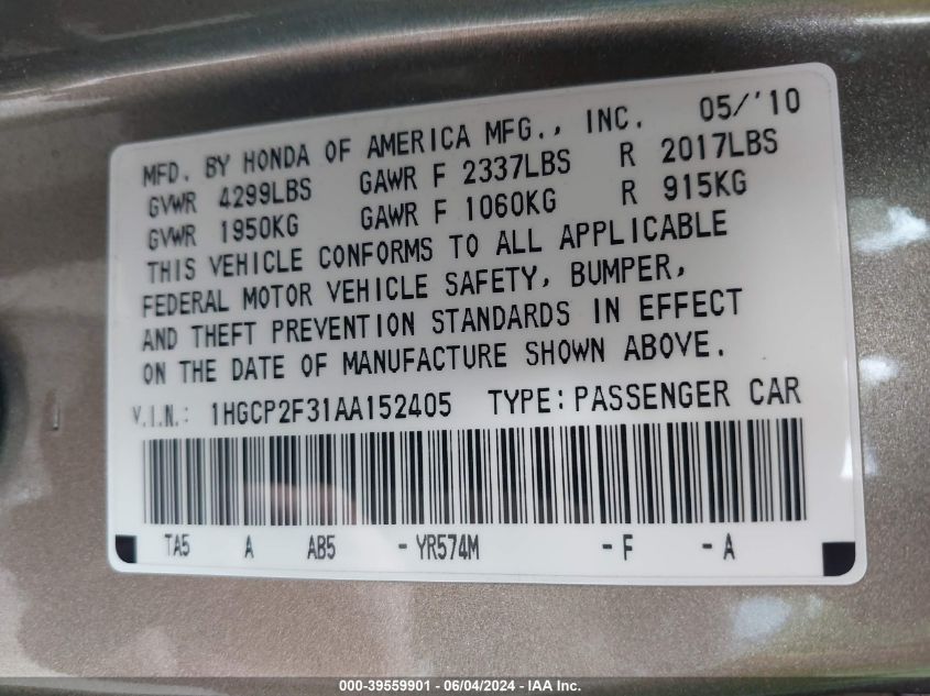 2010 Honda Accord 2.4 Lx VIN: 1HGCP2F31AA152405 Lot: 39559901