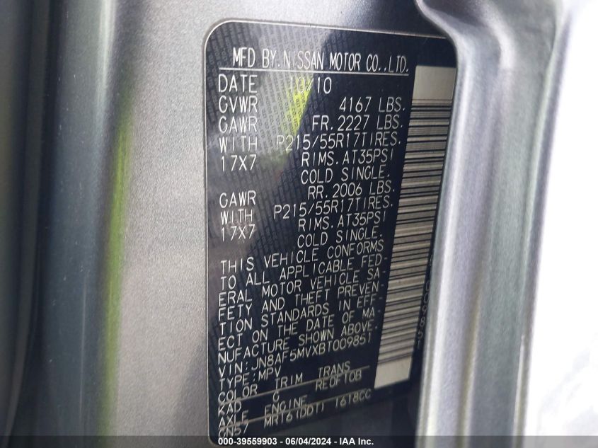 2011 Nissan Juke Sv VIN: JN8AF5MVXBT009851 Lot: 39559903