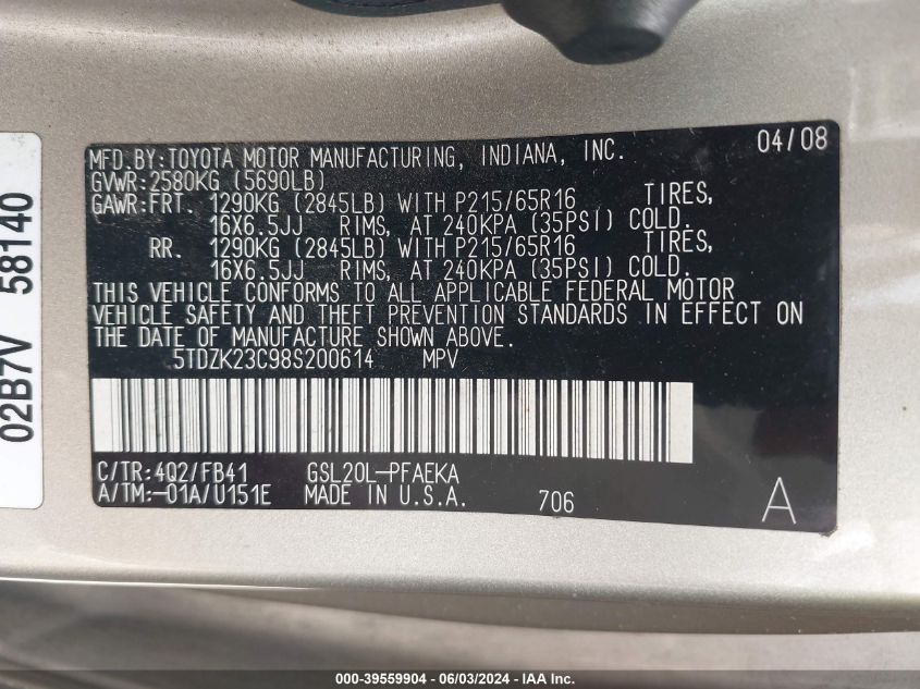 2008 Toyota Sienna Ce VIN: 5TDZK23C98S200614 Lot: 39559904