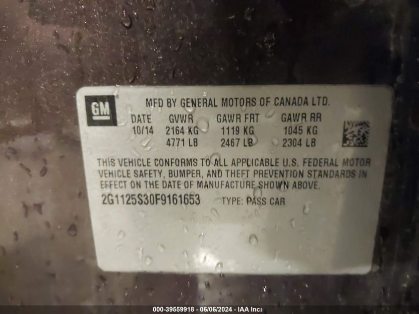 2015 Chevrolet Impala 2Lt VIN: 2G1125S30F9161653 Lot: 39559918