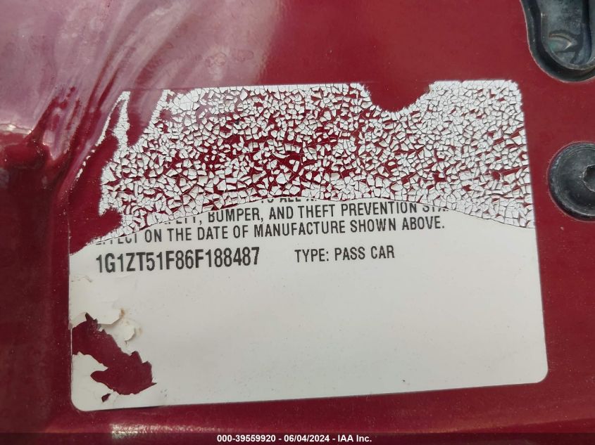 2006 Chevrolet Malibu Lt VIN: 1G1ZT51F86F188487 Lot: 39559920
