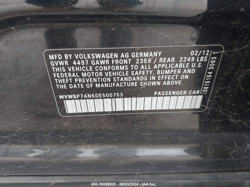 2013 Volkswagen Cc 2.0T Sport Plus VIN: WVWBP7AN5DE500753 Lot: 39559925