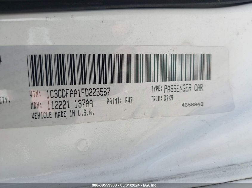 2015 Dodge Dart Se VIN: 1C3CDFAA1FD223567 Lot: 39559938