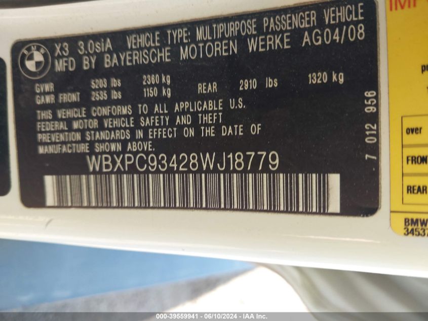 2008 BMW X3 3.0Si VIN: WBXPC93428WJ18779 Lot: 39559941