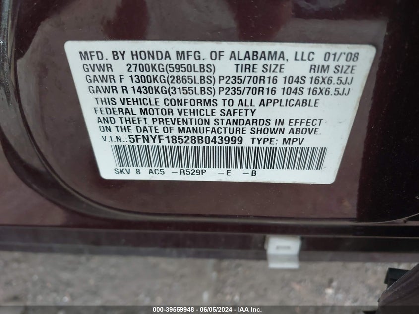 2008 Honda Pilot Ex-L VIN: 5FNYF18528B043999 Lot: 39559948