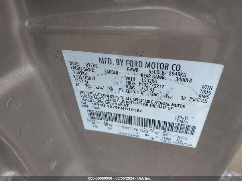 2006 Ford F-150 Stx/Xl/Xlt VIN: 1FTRF12296NB19350 Lot: 39559950