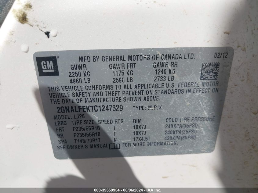 2012 Chevrolet Equinox Ltz VIN: 2GNALFEK7C1247329 Lot: 39559954