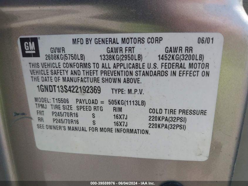 2002 Chevrolet Blazer VIN: 1GNDT135422192369 Lot: 39559976