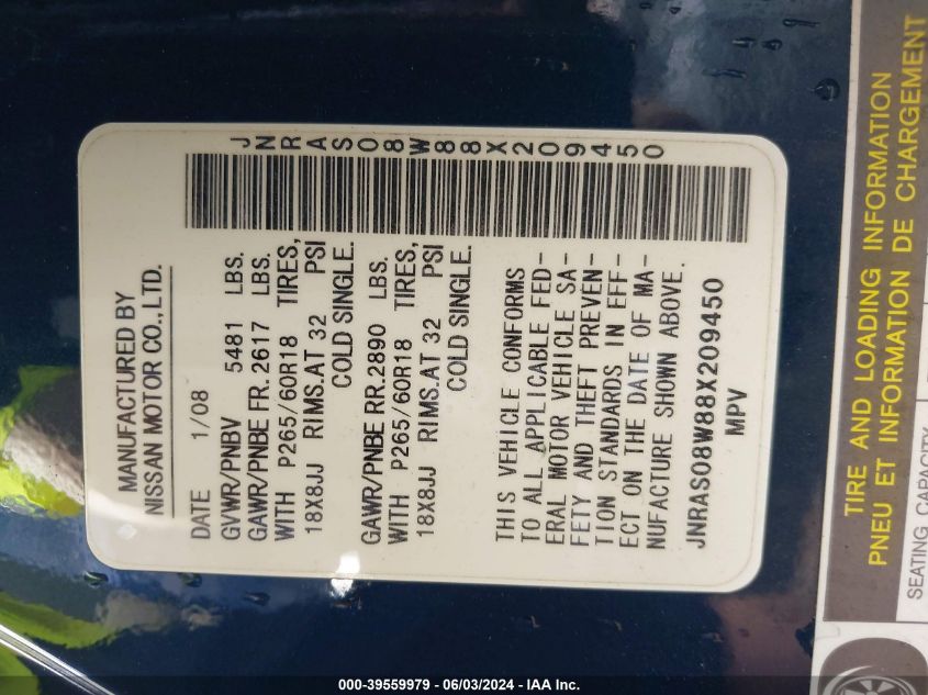 2008 Infiniti Fx35 VIN: JNRAS08W88X209450 Lot: 39559979