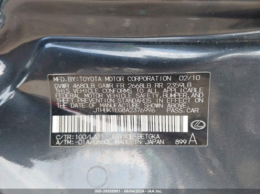 2010 Lexus Es 350 VIN: JTHBK1EG8A2376996 Lot: 39559981