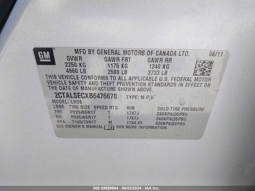 2011 GMC Terrain Sle-2 VIN: 2CTALSECXB6476670 Lot: 39559984