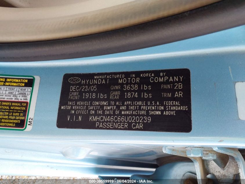 2006 Hyundai Accent Gls VIN: KMHCN46C66U020239 Lot: 39559999