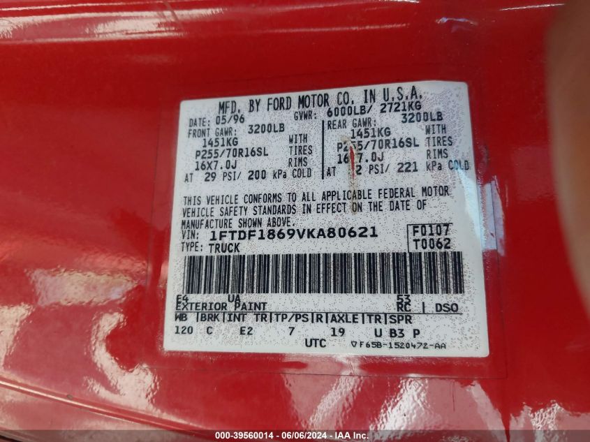 1997 Ford F-150 Lariat/Standard/Xl/Xlt VIN: 1FTDF1869VKA80621 Lot: 39560014