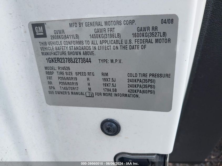 2008 GMC Acadia Slt-1 VIN: 1GKER23788J273844 Lot: 39560015