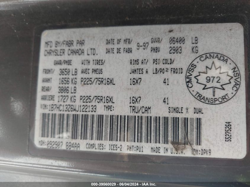 1998 Dodge Ram 1500 St VIN: 1B7HC13Z6WJ122133 Lot: 39560029