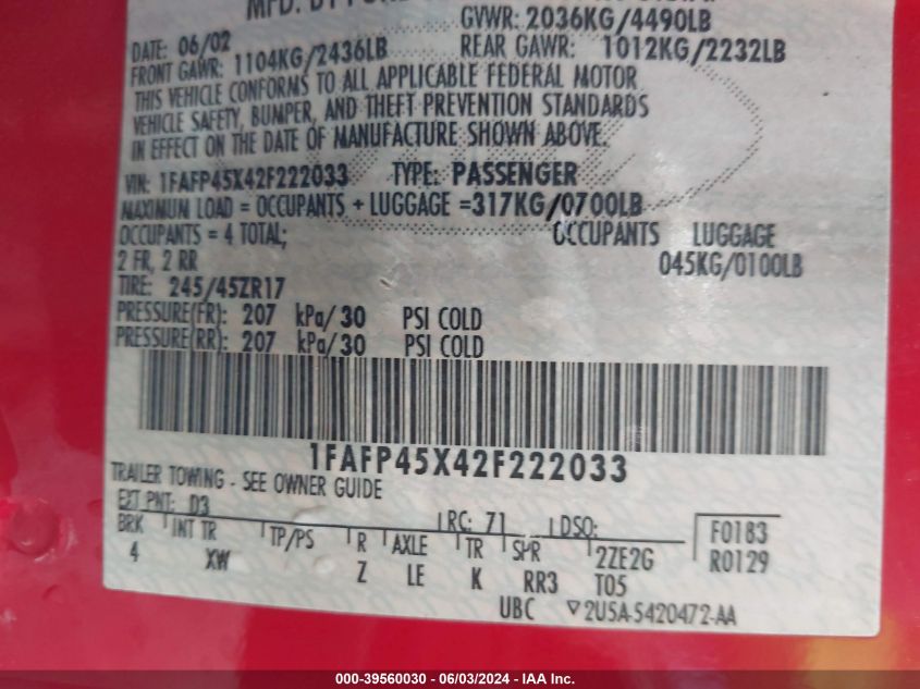 2002 Ford Mustang Gt VIN: 1FAFP45X42F222033 Lot: 39560030