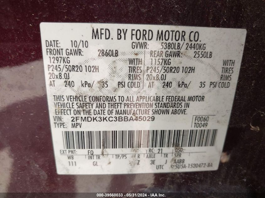 2011 Ford Edge Limited VIN: 2FMDK3KC3BBA45029 Lot: 39560033