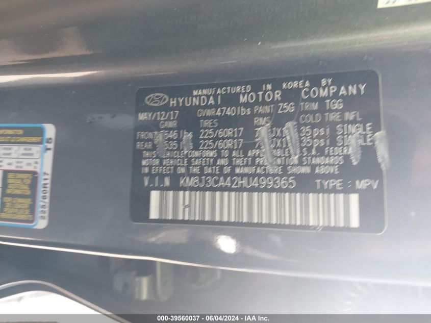 2017 Hyundai Tucson Se VIN: KM8J3CA42HU499365 Lot: 39560037