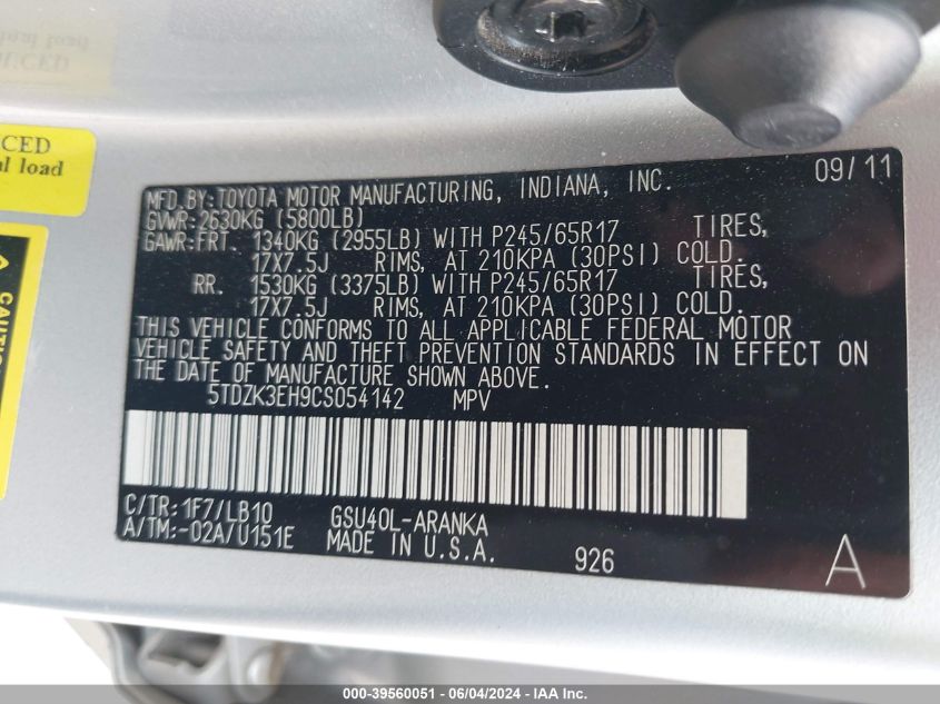 2012 Toyota Highlander Se V6 VIN: 5TDZK3EH9CS054142 Lot: 39560051